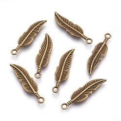 Antique Bronze Tibetan Style Alloy Pendants, Feather, Cadmium Free & Nickel Free & Lead Free, Antique Bronze, 30x8x1.5mm, Hole: 2mm