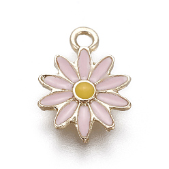 Pearl Pink Alloy Enamel Charms, Chrysanthemum, Light Gold, Pearl Pink, 13x9x1mm, Hole: 1.4mm