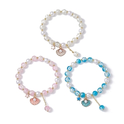 Shell Shape 3Pcs 3 Color Glass Beads Stretch Bracelet, Stackable Bracelets with Brass & Alloy Enamel Charms, Shell Shape, Inner Diameter: 2-3/8 inch(6cm), 1Pc/color