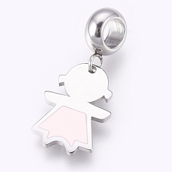 Misty Rose 304 Stainless Steel European Dangle Charms, Large Hole Pendants, with Enamel, Girl, Misty Rose, 26mm, Hole: 4mm, Pendant: 16x11x1mm