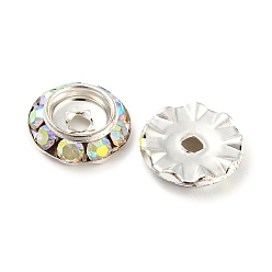 Platinum Brass with Crystal AB Rhinestone Beads, Flat Round, Platinum, 11x3mm, Hole: 2mm