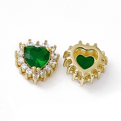 Green Rack Plating Brass Micro Pave Cubic Zirconia Beads, with Glass, Real 18K Gold Plated, Long-Lasting Plated, Cadmium Free & Nickel Free & Lead Free, Heart, Green, 10.5x10.5x6mm, Hole: 1.2~3.5x1.2~1.4mm