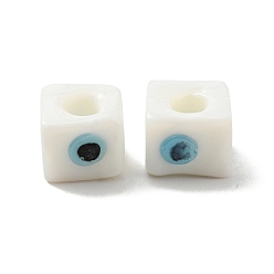 White Handmade Evil Eye Lampwork European Beads, Large Hole Beads, Cube, White, 8~9x9~10x9~10mm, Hole: 4.3mm
