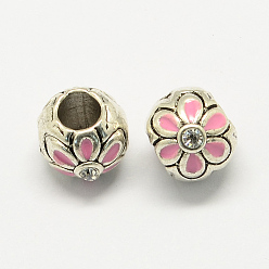 Pink Perles européennes alliage strass de style de l'émail, grandes perles rondes trou avec fleur, rose, 10x9mm, Trou: 4.5mm