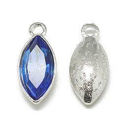 Royal Blue Alloy Glass Pendants, Faceted, Horse Eye, Platinum, Royal Blue, 20x9x5mm, Hole: 1.5mm