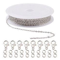 Platinum DIY 3m Brass Cable Chain Jewelry Making Kit, with 30Pcs Iron Open Jump Rings with 10Pcs Zinc Alloy Lobster Claw Clasps, Platinum, Chain Link: 2x1.8x0.2mm
