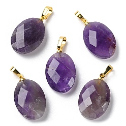 Amethyst Natural Amethyst Pendants, Faceted Oval Charms with Golden Plated Brass Snap on Bails, 21.8x13.4~13.5x6.2mm, Hole: 5.3x3.7mm