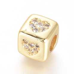 Golden Brass Beads, with Micro Pave Cubic Zirconia, Cube with Heart, Clear, Golden, 6x6x6mm, Hole: 3mm