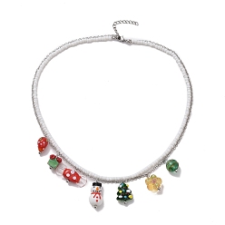 Colorful Glass Seed Beaded & 304 Stainless Steel Cable Chain Double Layer Necklace, Gift & Tree & Snowman Lampwork Pendants Christmas Necklace for Women, Colorful, 16.81 inch(42.7cm)
