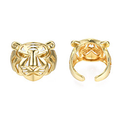 Real 18K Gold Plated Brass Tiger Open Cuff Ring, Chinese Zodiac Hollow Chunky Ring for Men Women, Nickel Free, Real 18K Gold Plated, US Size 8(18.1mm)