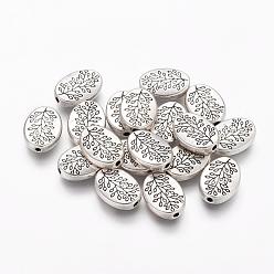 Antique Silver Tibetan Style Alloy Beads, Oval with Leaf, Cadmium Free & Lead Free, Antique Silver, 14x10x3mm, Hole: 1.5mm.
