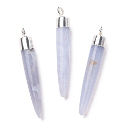 Blue Lace Agate Natural Blue Lace Agate Brass Pendants, Cadmium Free & Lead Free, Bullet Shaped, Silver Color Plated, 33~37x4~5mm, Hole: 2mm