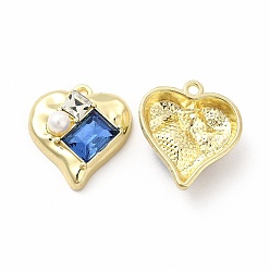 Azul Royal Aleación de chapado en rack con corazón de vidrio con colgantes rectangulares, con perlas de imitación de plástico abs, la luz de oro, sin cadmio y níque y plomo, azul real, 20x18.5x7 mm, agujero: 1.6 mm