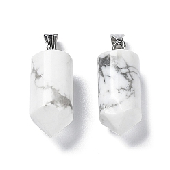 Howlite Natural Howlite Pointed Pendants, Bullet charms with Stainless Steel Color Plated 201 Stainless Steel Snap on Bails, 26x10.5mm, Hole: 7x3.5mm