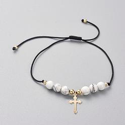 Howlite Bracelets de perles tressées réglables, avec des perles naturelles de howlite, Fil de nylon, pendentifs en acier inoxydable plaqué or 304 et perles en laiton, croix, 5/8 pouces ~ 3 pouces (1.5~7.5 cm)