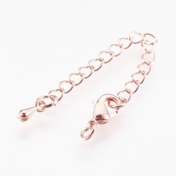 Rose Gold Brass Chain Extender, with 304 Stainless Steel Lobster Claw Clasps, Cadmium Free & Lead Free, Long-Lasting Plated, teardrop, Rose Gold, 68~73x3mm, Hole: 2.5mm, Clasps: 10x6x3mm