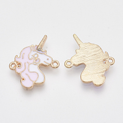 Pearl Pink Light Gold Tone Alloy Links connectors, with Enamel, Unicorn, Pearl Pink, 24x19x2mm, Hole: 1.2mm