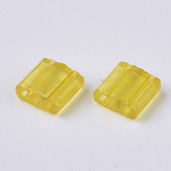 Gold 2-Hole Baking Painted Transparent Glass Seed Beads, Rectangle, Gold, 5x4.5~5.5x2~2.5mm, Hole: 0.5~0.8mm