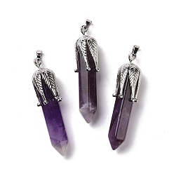 Amethyst Natural Amethyst Big Pendants, with Platinum Tone Brass Findings, Cadmium Free & Lead Free, Bullet with Leaf, 53.5~57x14~15x14~15mm, Hole: 7x4mm