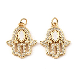 Real 18K Gold Plated Brass Cubic Zirconia with Shell Pendants, Long-Lasting Plated, Lead Free & Cadmium Free, Hamsa Hand, Real 18K Gold Plated, 21x17x2.5mm