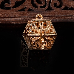 Light Gold Alloy Bead Cage Pendants, Hexagon Hollow Cage Charms, Light Gold, 25x22mm