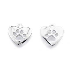 Real Platinum Plated Ion Plating(IP) Brass Pendants, Heart with Cat Paw Charms, Real Platinum Plated, 15x16x2mm, Hole: 1.8mm