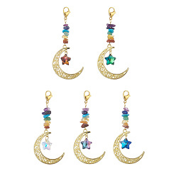 Mixed Color Alloy Moon Pendant Decorations, with Stainless Steel Lobster Claw Clasps and Gemstone Chip Bead, Glass Star, Mixed Color, 84mm