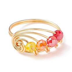 Red Glass Braided Vortex Finger Ring, Golden Copper Wire Wrap Jewelry for Women, Red, US Size 8(18.1mm)