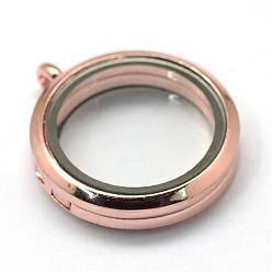 Розовое Золото Плоский круглый стеклянный сплав магнитная фоторамка живая память с плавающей медальона подвески, без кадмия и без свинца, розовое золото , 35.5x30x8 мм, отверстия: 3.5 мм, Внутренняя мера: 23 мм