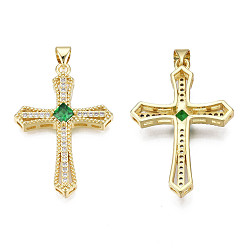 Green Brass Micro Pave Cubic Zirconia Pendants, with Brass Snap on Bails, Real 18K Gold Plated, Nickel Free, Cross, Green, 35.5x24x5.5mm, Hole: 3x5mm