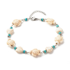 Blanc Fumé Bracelet de cheville perlé turquoise synthétique cœur et tortue, bracelet de cheville réglable pour femme, platine, fumée blanche, 10 pouce (25.5 cm)