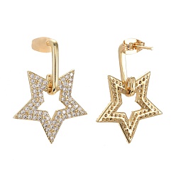 Real 18K Gold Plated Brass Micro Pave Clear Cubic Zirconia Dangle Stud Earrings, with Ear Nuts, Star, Real 18K Gold Plated, 29mm, Pin: 0.7mm