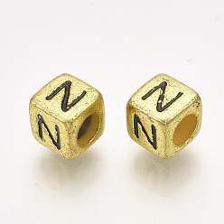 Letter N Acrylic Beads, Horizontal Hole, Metallic Plated, Cube with Letter.N, 6x6x6mm, 2600pcs/500g