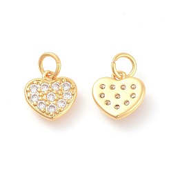 Golden Brass Micro Pave Cubic Zirconia Charms, Heart, Clear, Golden, 10x10x1.8mm, Hole: 3mm