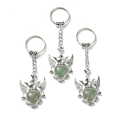 Aventurine Verte Porte-clés coeur d'aventurine verte naturelle avec pendentif aile, avec les accessoires en laiton de tonalité de platine, 9.6 cm