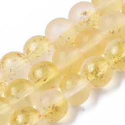 Or Brins de perles de verre peintes à la bombe givrée, avec une feuille d'or, ronde, or, 10~11mm, Trou: 1.4~1.6mm, Environ 39~42 pcs/chapelet, 14.84 pouces ~ 15.27 pouces (37.7~38.8 cm)