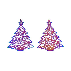 Rainbow Color 201 en acier inoxydable gros pendentifs, embellissements en métal gravé, arbre de Noël, couleur arc en ciel, 53x39x0.3mm, Trou: 2mm