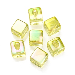 Amarillo Cuentas perforadas con parte superior de acrílico iridiscente de arco iris con recubrimiento uv, cubo, amarillo, 19x19x14 mm, agujero: 3.5 mm, longitud de lado: 14 mm