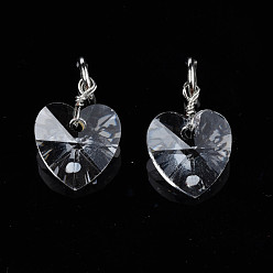 Clear Faceted Transparent Glass Charms, with Iron Jump Ring, Heart, Clear, 13~14x10x5~6mm, Hole: 4mm