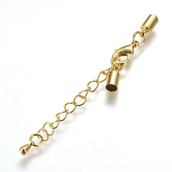 Golden Brass Chain Extender, with Lobster Claw Clasps and Cord Ends, Long-Lasting Plated, Golden, 59~61mm, Cord End: 9x4mm, Inner Diameter: 3.5mm