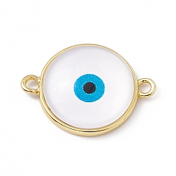 Blanco Encantos del conector de resina mal de ojo, enlaces redondos planos, con fornituras de latón de tono de oro, blanco, 16.5x22x5 mm, agujero: 1.8 mm