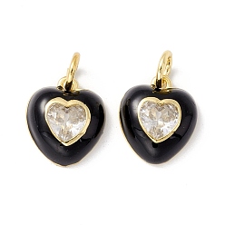 Black Rack Plating Brass Clear Cubic Zirconia Charms, with Enamel, Cadmium Free & Lead Free, Real 18K Gold Plated, Heart, Black, 14x12x4mm, Jump Ring: 6x1mm, 4mm iner Diameter