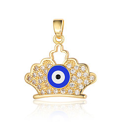 Real 18K Gold Plated 3Pcs Brass Micro Pave Cubic Zirconia Pendants, Crown with Evil Eye Charms, Real 18K Gold Plated, 22x19x4.4mm