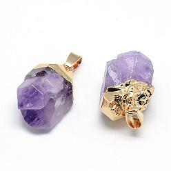 Golden Electroplated Natural Amethyst Pendants, with Iron Findings, Nuggets, Golden, 15~25x15~22x10~15mm, Hole: 6x3.5mm