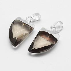 Smoky Quartz Dyed Natural Smoky Quartz Pendants, with Brass Findings, Long-Lasting Plated, Faceted, Cultellate, Silver Color Plated, 19x10.5x5mm, Hole: 4x6mm