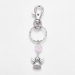 Rose Quartz Iron Keychain, Alloy Swivel Clasps, with Tibetan Style Pendants and Rose Quartz, Angel, 95mm