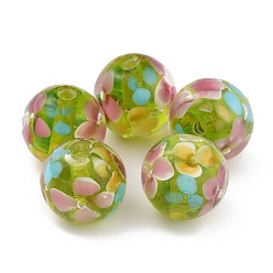 Light Green Round Lampwork Beads, Plum Flower Petal Pattern, with Hole, Light Green, 12mm, Hole: 1.8mm