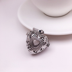 Platinum Brass Bead Cage Pendants, for Chime Ball Pendant Necklaces Making, Hollow Heart Charm, Platinum, 26.5x27.5x19.8mm, Hole: 4.5x10mm