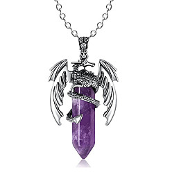 Amethyst Natural Amethyst Bullet with Dragon Pendant Necklace with Zinc Alloy Chains, 19.69 inch(50cm)