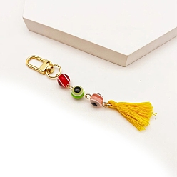 Couleur Mélangete Décorations pendantes de perles de lampe mauvais œil faites à la main, avec fermoir en métal et pendentif pompon, couleur mixte, 105~115mm